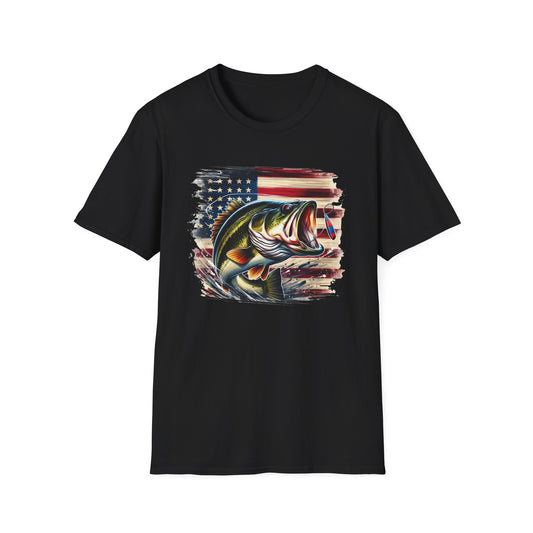 American Flag Bass Fishing T-Shirt - Unisex Softstyle Tee